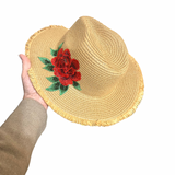 Straw Hat with Rose Patch